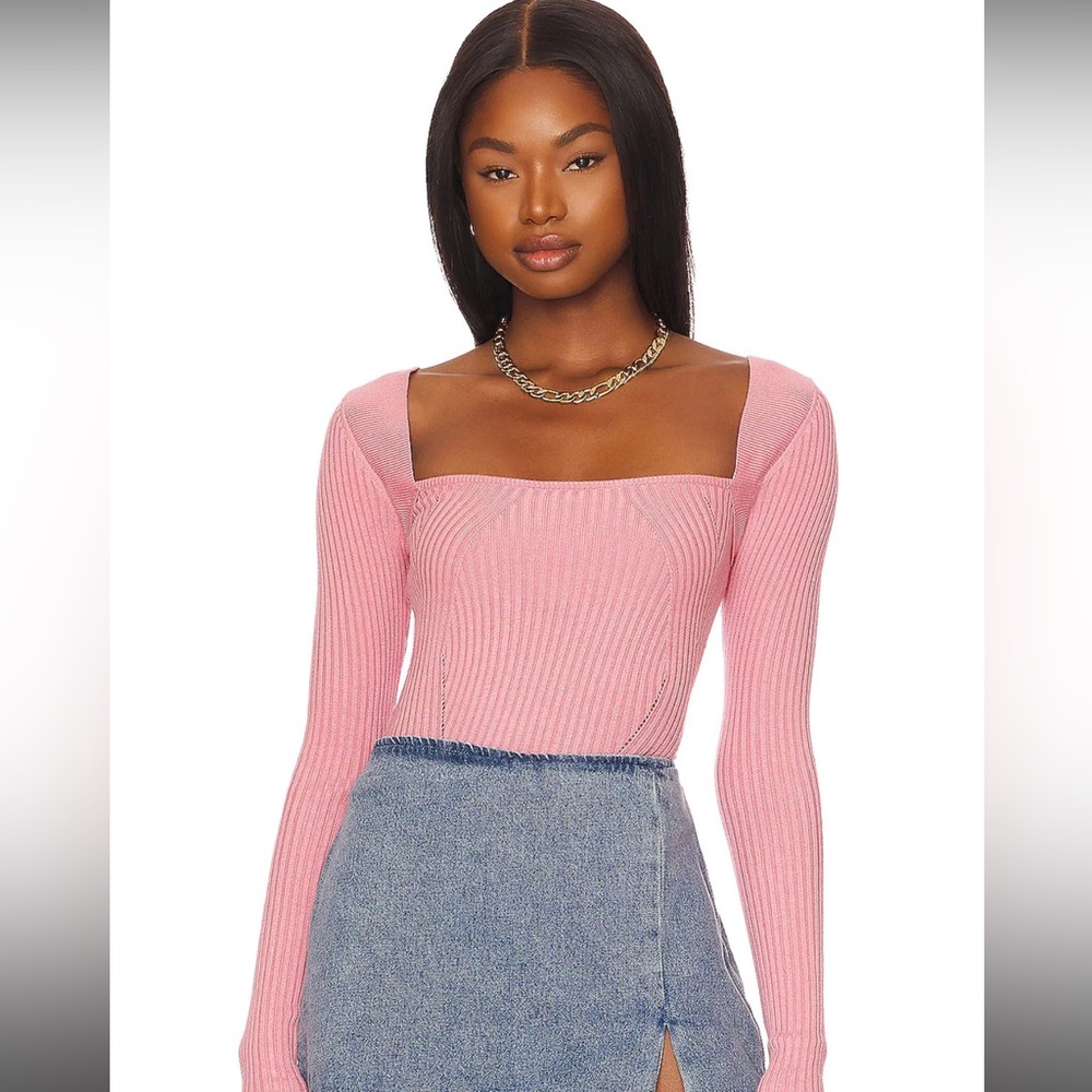 Tie Back Fitted Rib Sweater in Pink Lovers & Friends revolve small